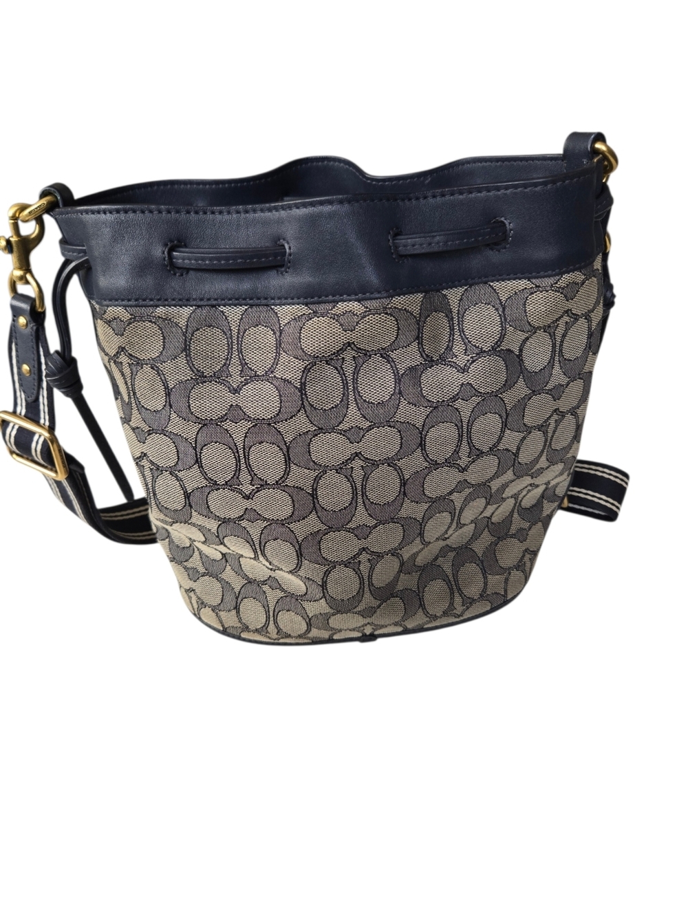 Coach Signature Canvas Bucket Bag Navy Crossbody Drawstring Leather Trim - Picture 2 of 7